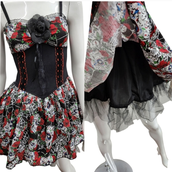 Women’s Day of the Dead Sugar Skull Halloween Costume Dress NEW - Picture 1 of 16